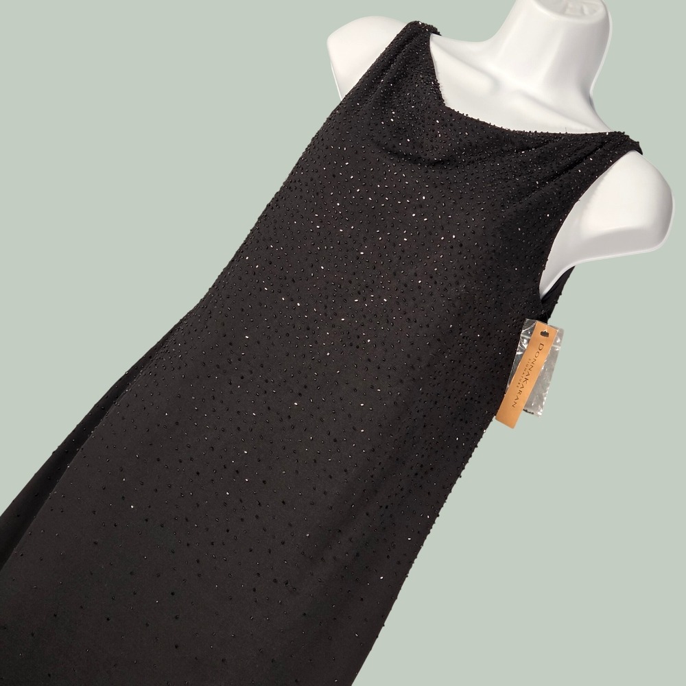 Donnaâ Karan NEW Vintage Women 8 Beaded Plunge Back Midi Dress Black Rayon Silk